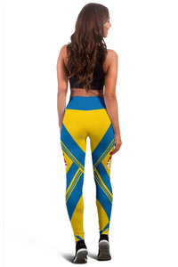 Back view: yellow and blue geometric leggings, full-length coverage