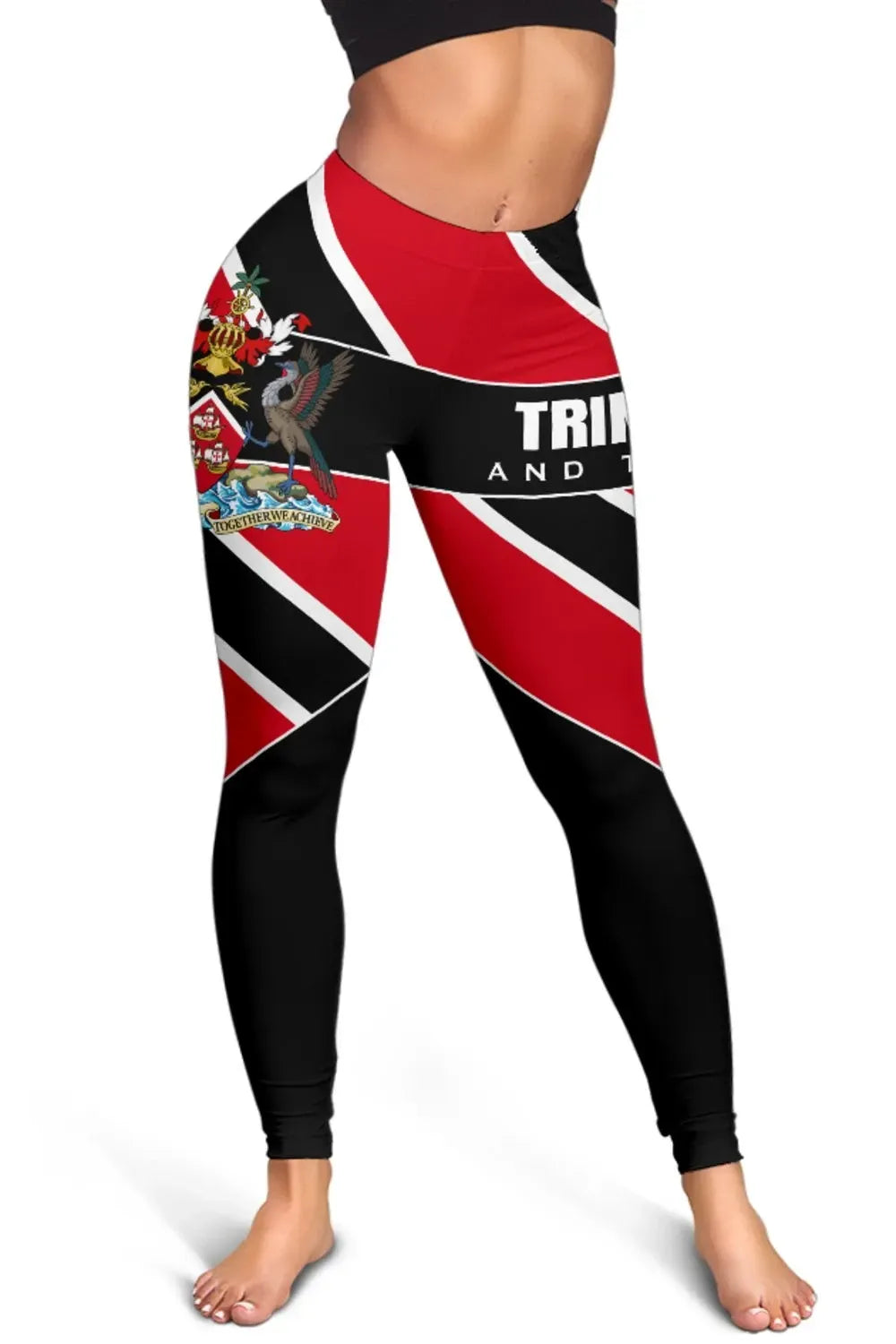 Close-up of thigh and hip area on red, black, and white Trinidad leggings