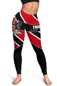 Close-up of thigh and hip area on red, black, and white Trinidad leggings