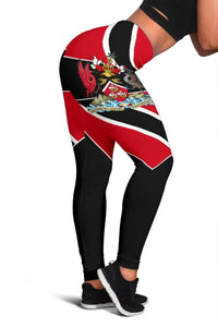 Leggings featuring crest emblem over red-and-white diagonal stripes with black panels