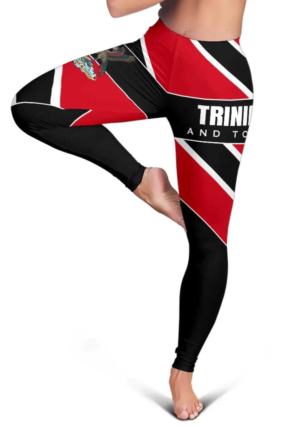 Trinidad and Tobago flag leggings with red, black, and white striped print
