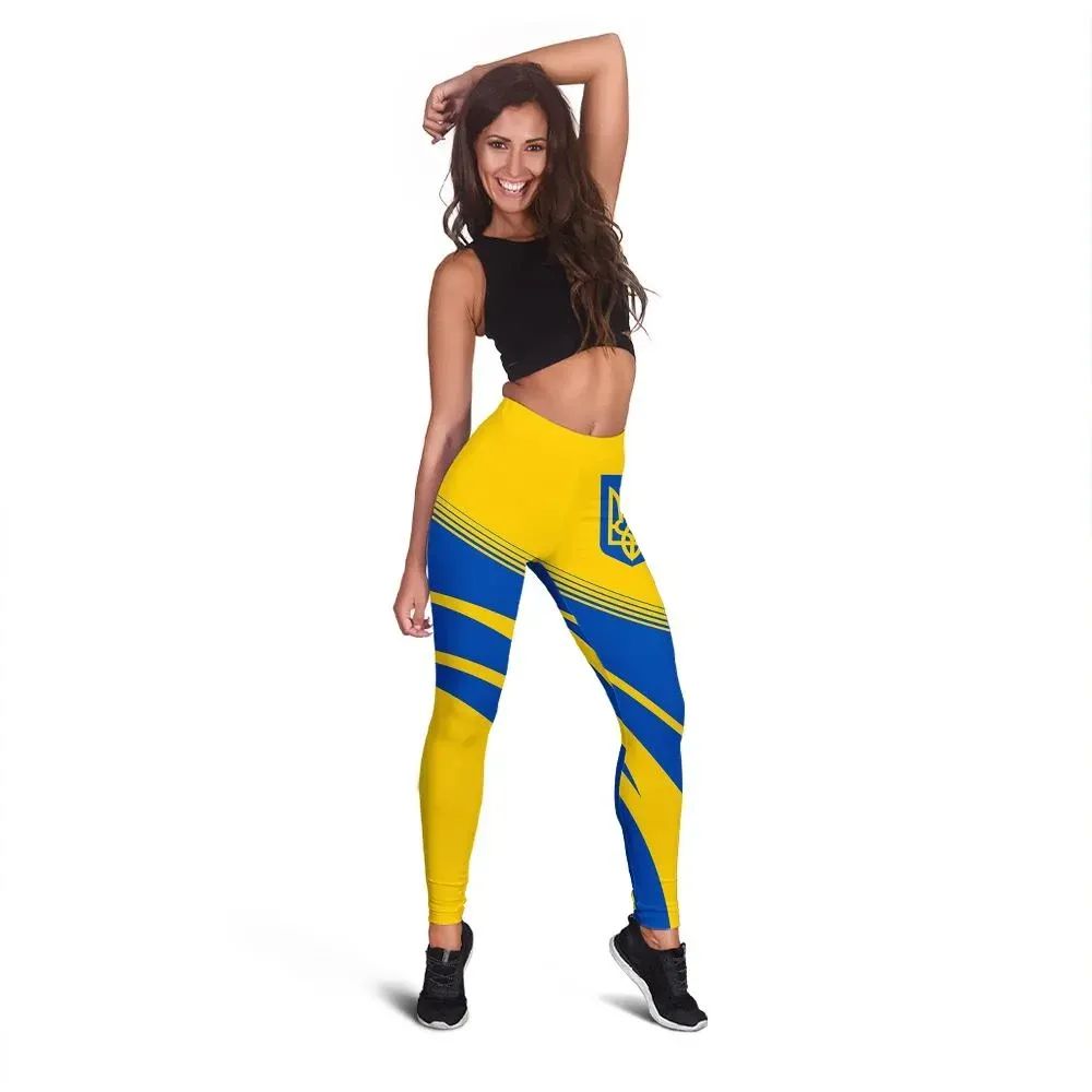 Yellow & blue leggings with Ukrainian coat of arms and diagonal stripe bands, full length