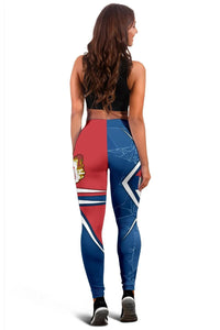 Back view leggings: blue and red color-block with Serbian crest, white chevron lines