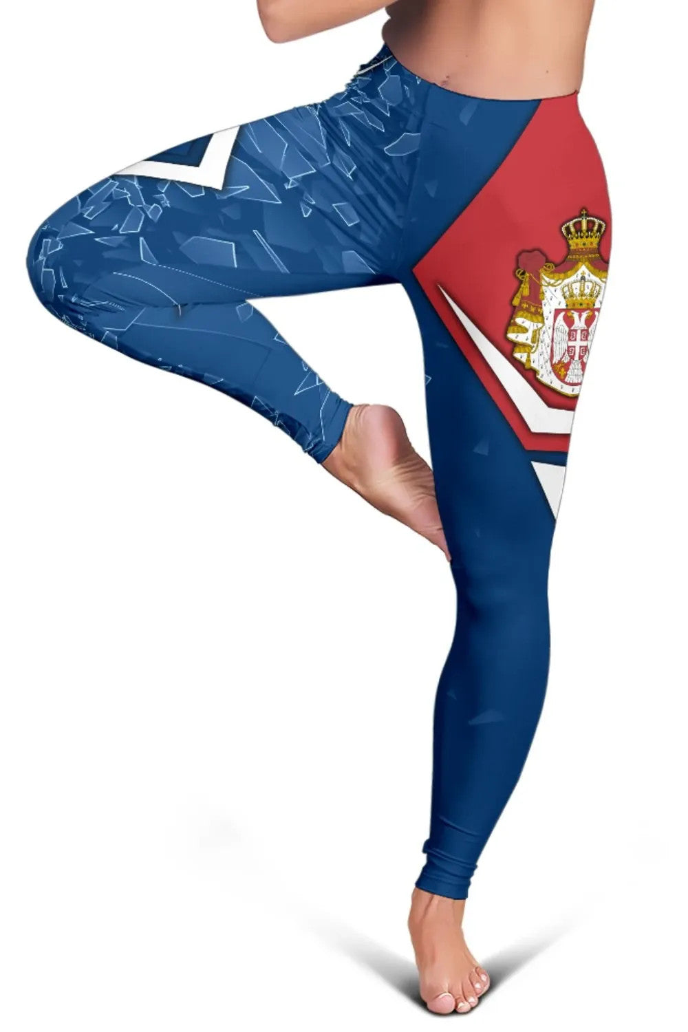 Women’s leggings with blue geometric pattern and red panel, Serbian crest on side