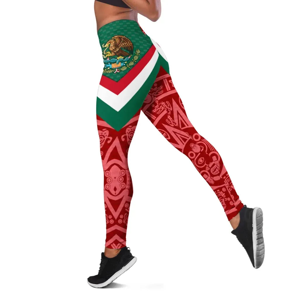 Red leggings with green-and-white chevrons and Mexico coat of arms crest