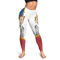 Serbia flag leggings close-up: white fabric with blue panel and coat emblem on leg