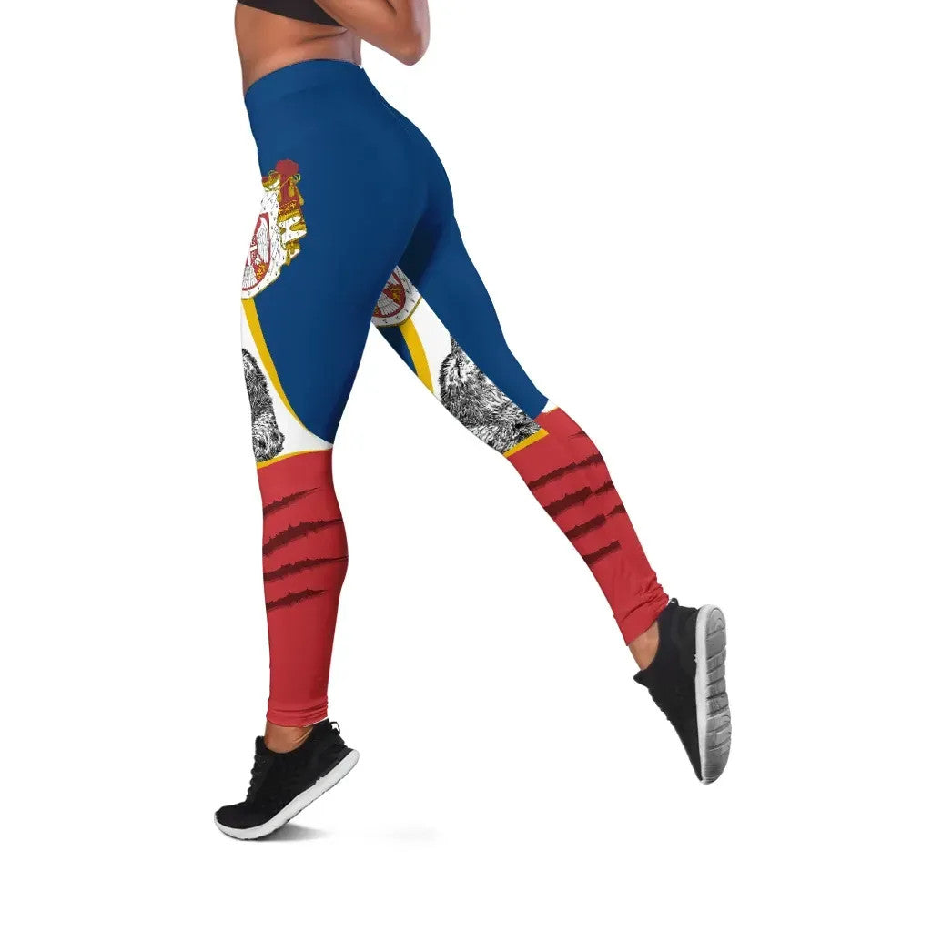 Serbia flag leggings: blue, red, white with coat of arms emblem on thigh, full length