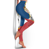 Serbia flag leggings side close-up: blue upper, red lower with coat of arms print