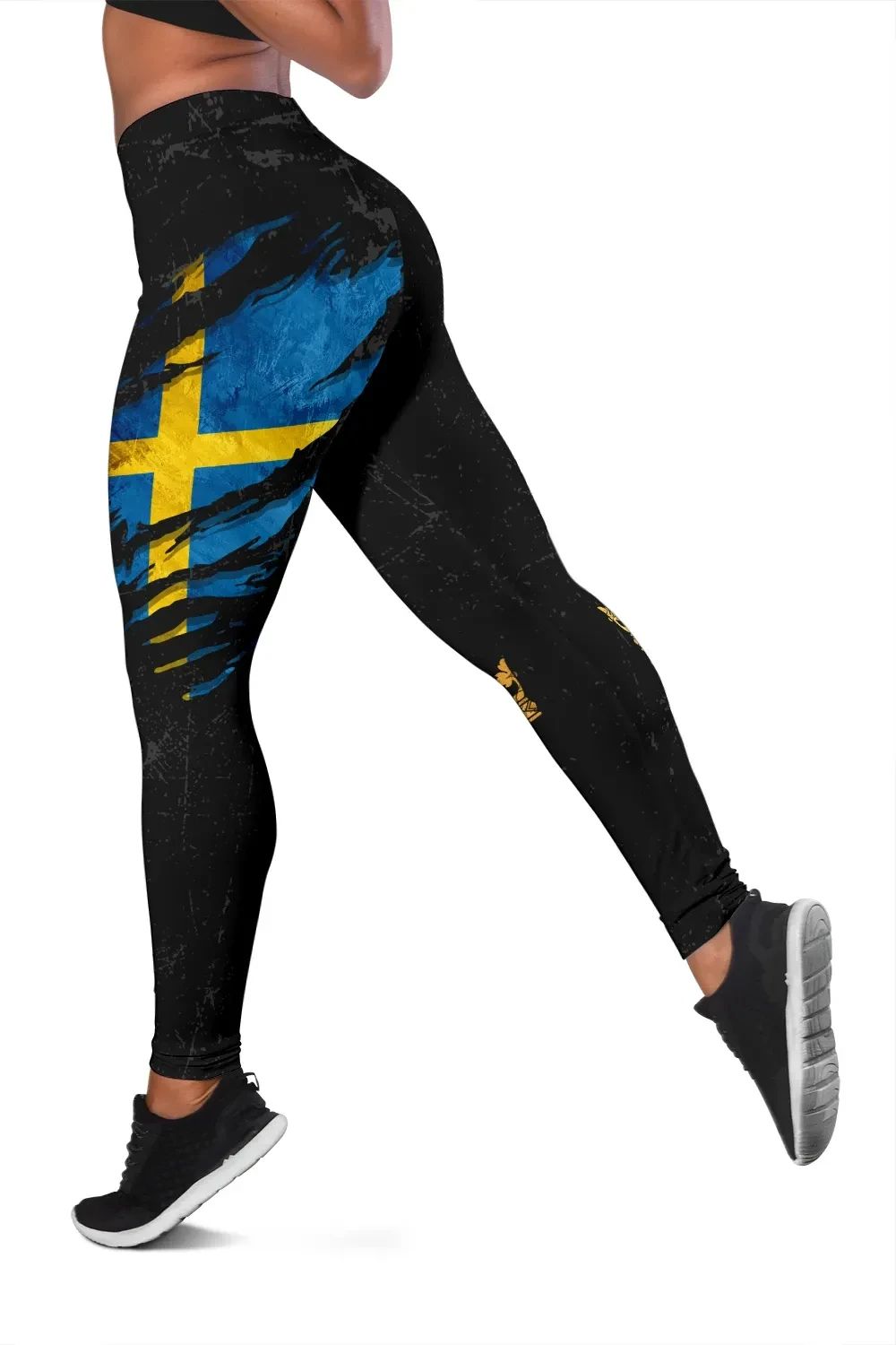 Black leggings with side blue-and-yellow grunge Swedish flag graphic