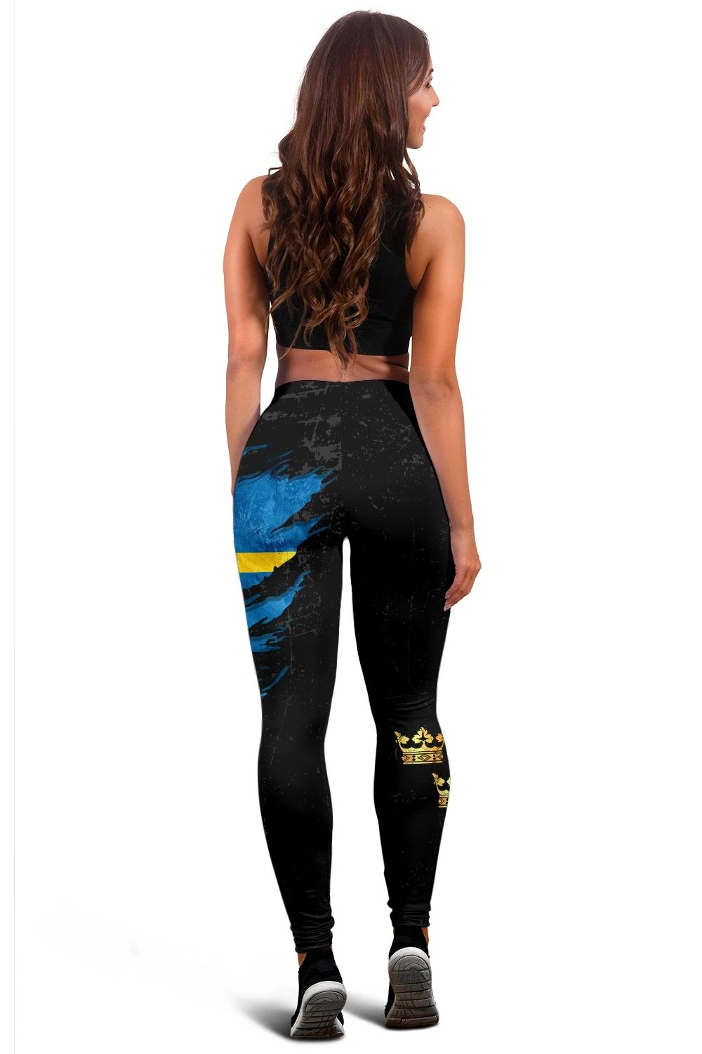 Back view black leggings with blue-and-yellow Swedish flag print along leg