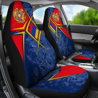Armenien-Autositzbezüge, blaues Mosaik, rotes Rückenteil mit Armenien-Wappen, goldene Balken