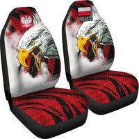 Poland eagle car seat covers with red wave pattern seats and white back panels, pair