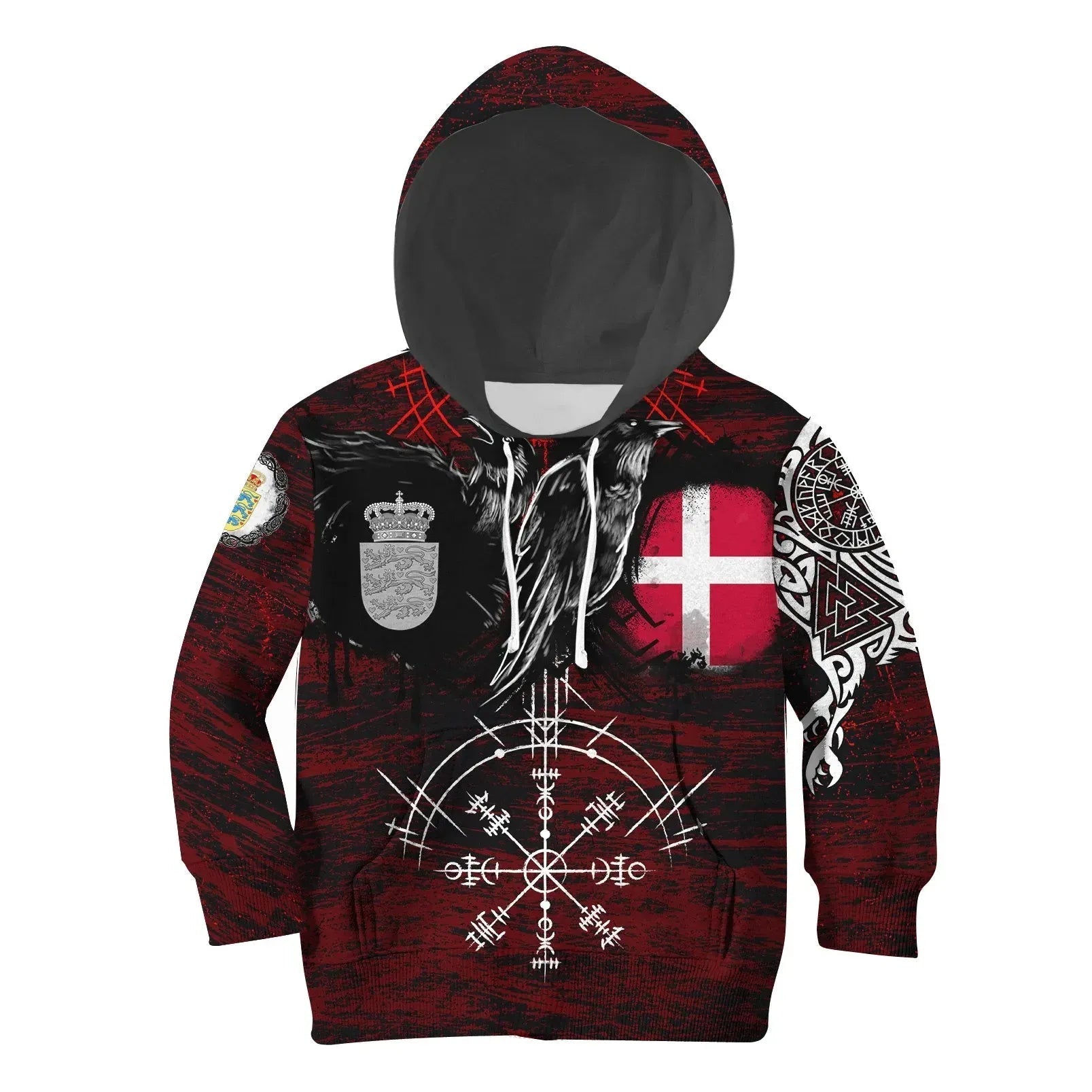 Viking Hoodie Kid Denmark Raven of Odin and Symbol Viking on Blood Background RLT13 - Wonder Print Shop