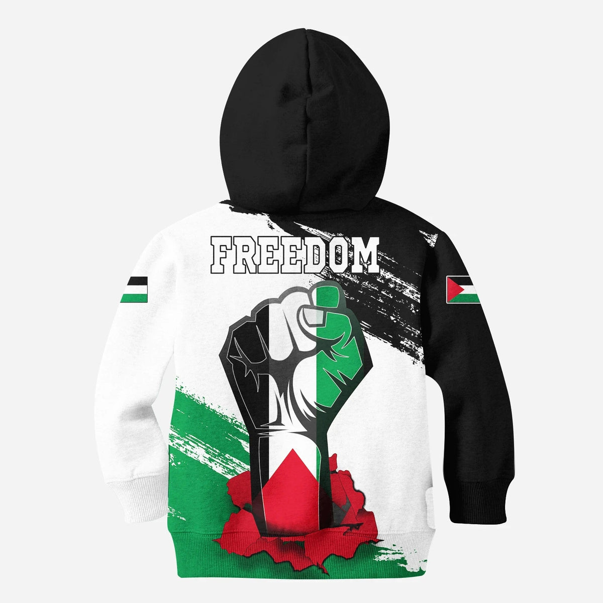 Kids hoodie back print: Palestine map and flag in black/white, green/red accents, “FREEDOM”