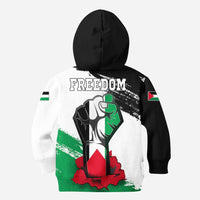 Kids hoodie back print: Palestine map and flag in black/white, green/red accents, “FREEDOM”