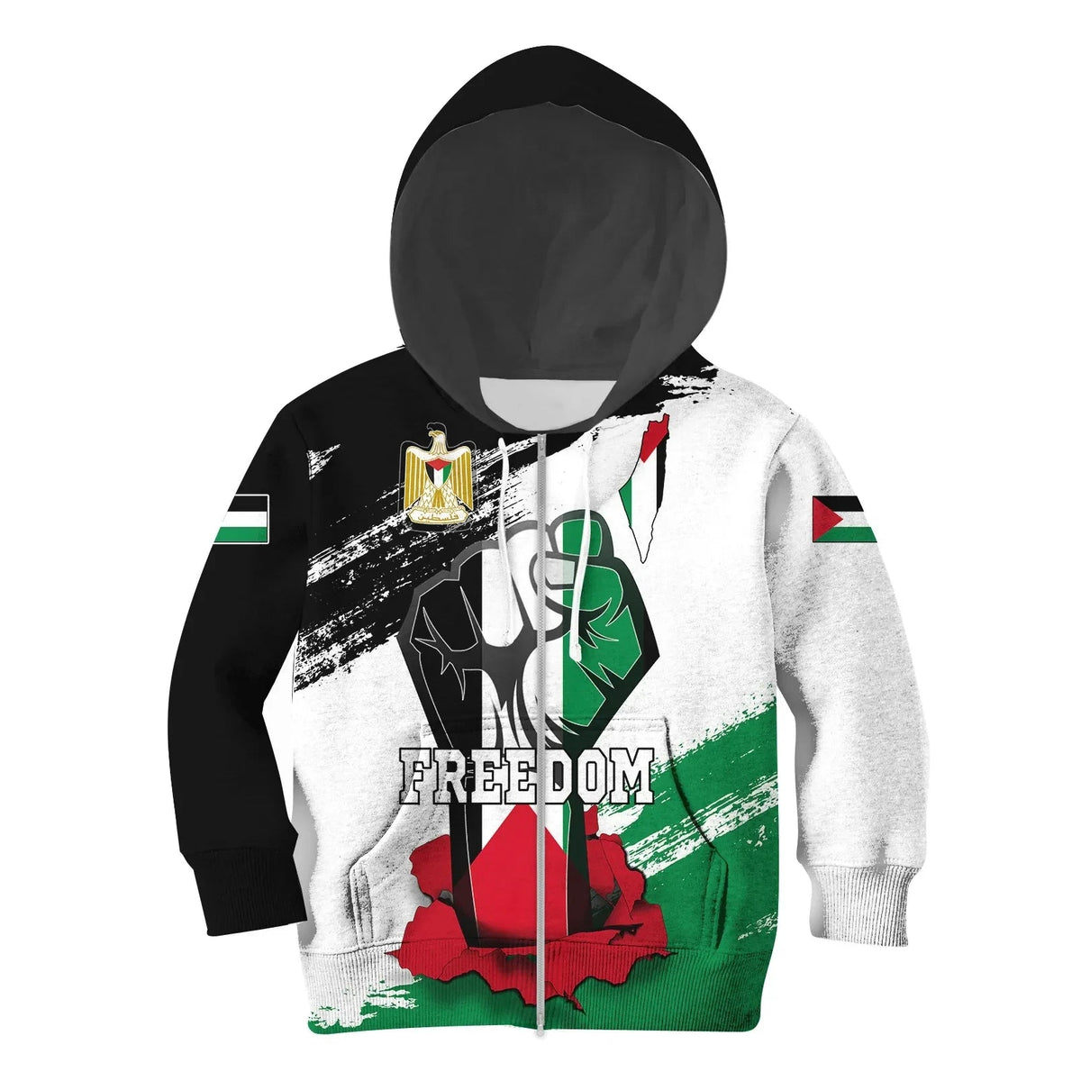 Kids pullover hoodie, split black-and-white flag graphic with map and “FREEDOM”