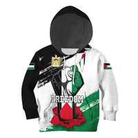 Kids hoodie with Palestine flag and map graphic, black hood, front print “FREEDOM”