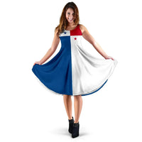 Panama flag print sleeveless midi dress, red/white/blue with star details