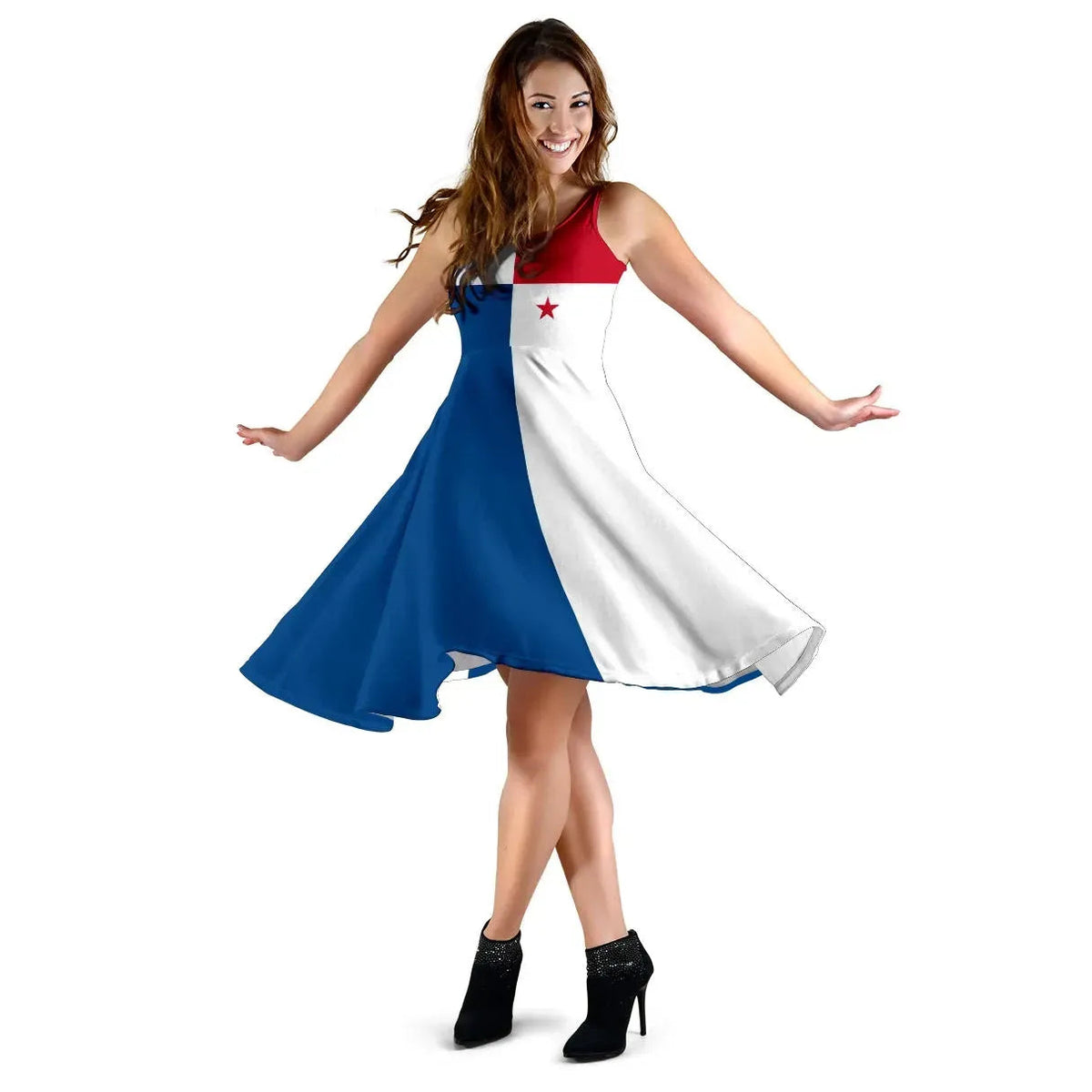 Panama flag print sleeveless midi dress, red top and blue/white skirt with stars