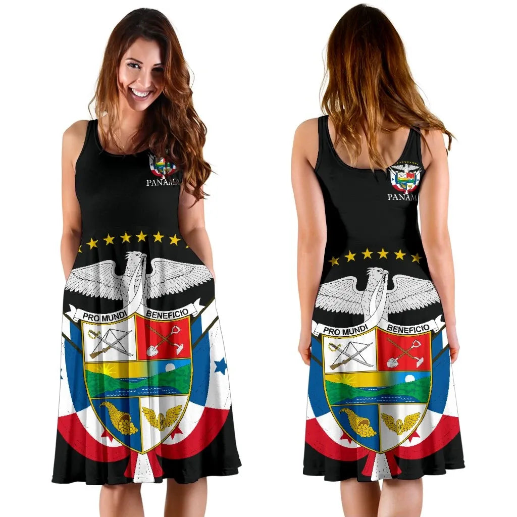 Black sleeveless dress shown front and back, Panama crest graphic on skirt