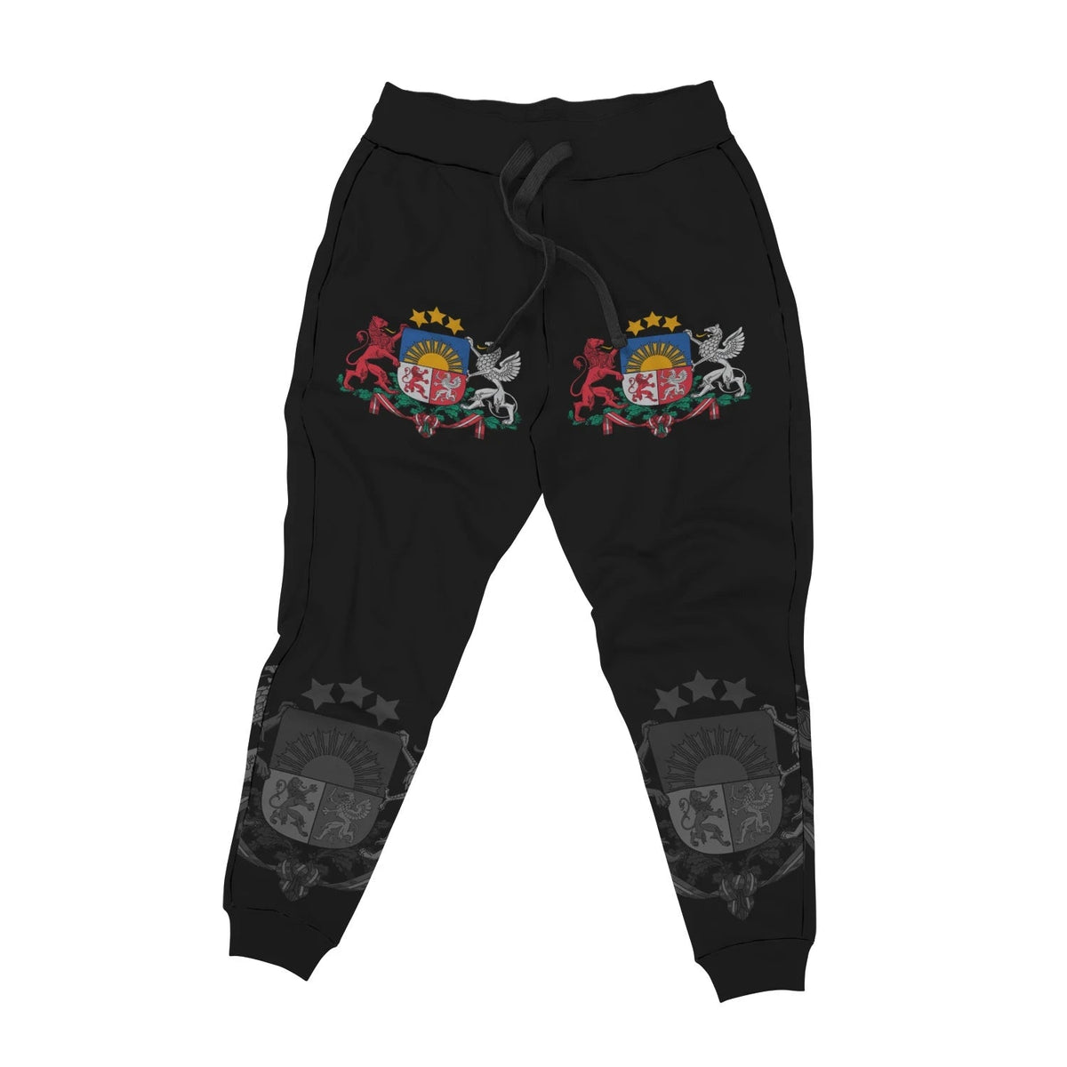 Black joggers flat lay with multicolor crest on knees and star emblem panels on cuffs