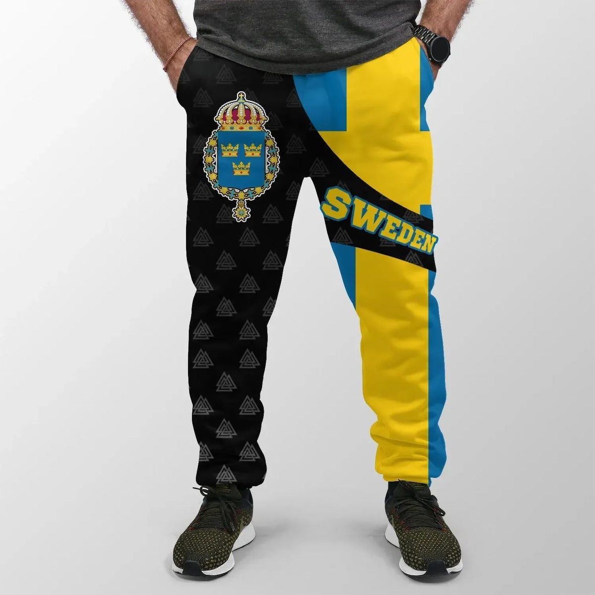 Black jogger with Sweden flag panel, Valknut symbols, and blue 'SWEDEN' print