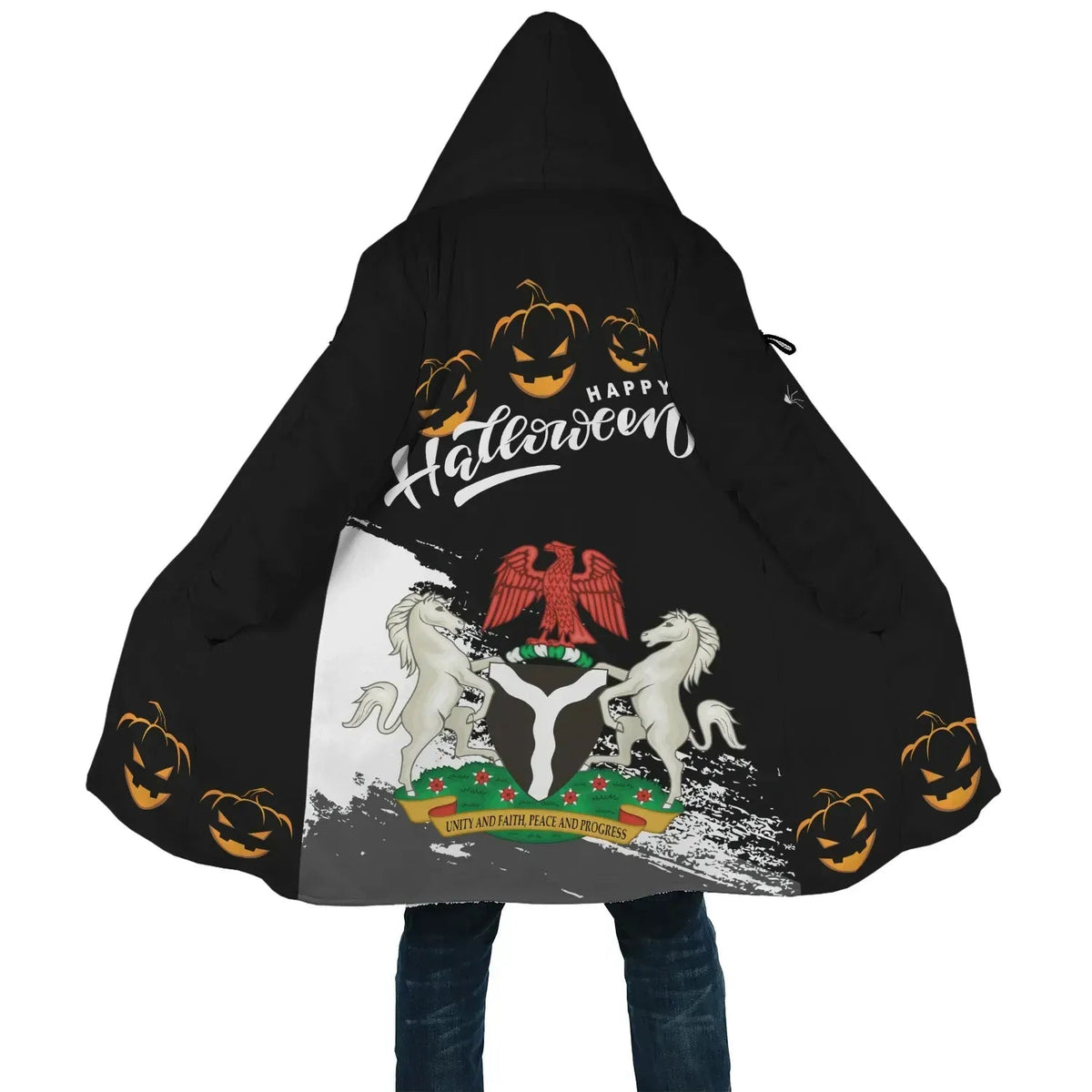 Black hooded Halloween coat front: 'Happy Halloween' unicorn and jack-o'-lantern print
