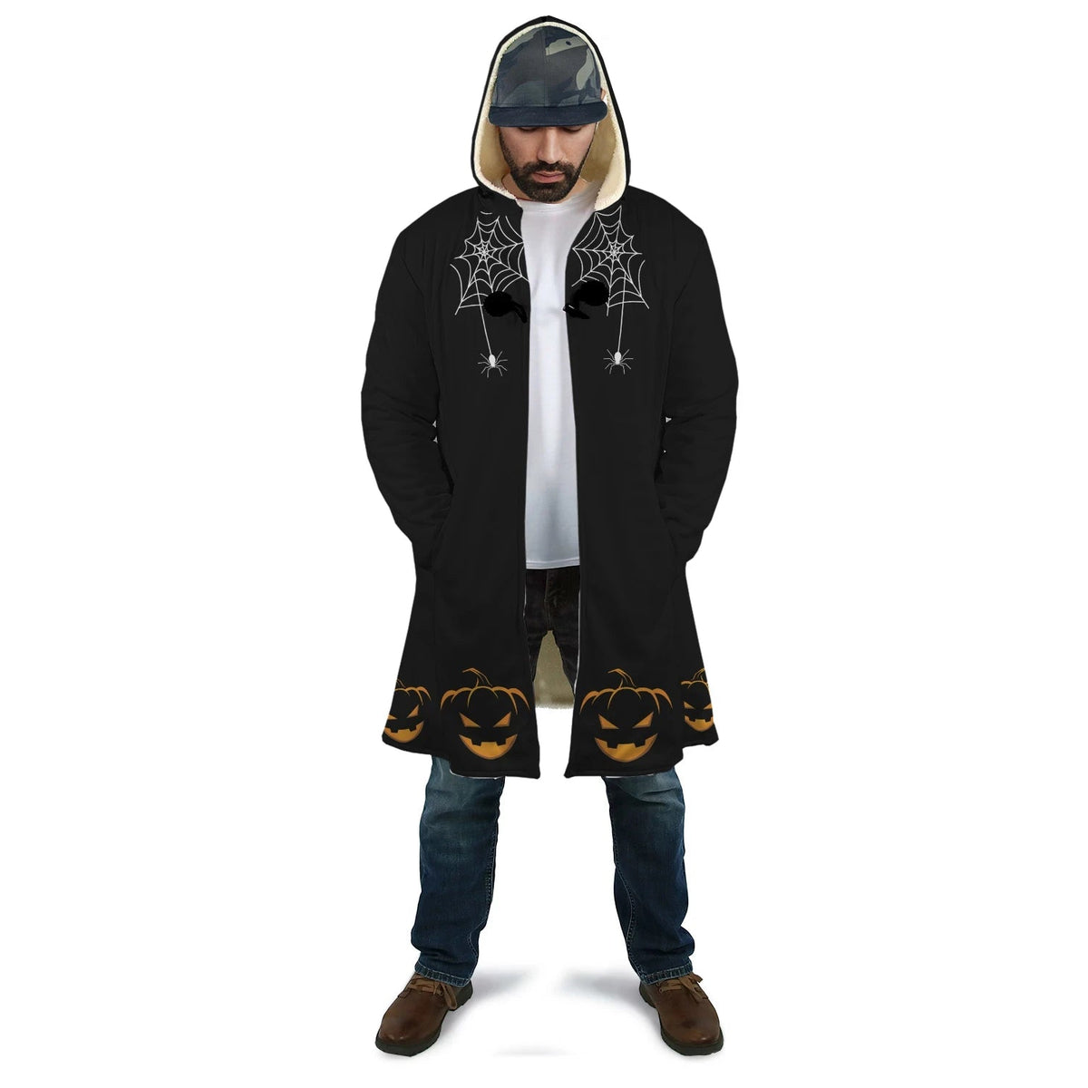 Black unisex hooded coat front, spiderweb graphic and jack-o'-lantern cuffs