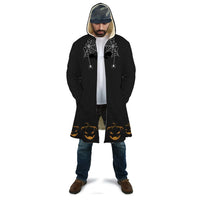 Black unisex hooded coat front, spiderweb graphic and jack-o'-lantern cuffs