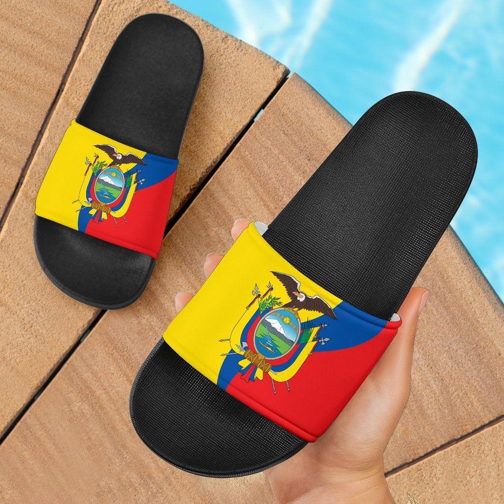 Black slide sandals with Ecuador flag print strap, textured footbed
