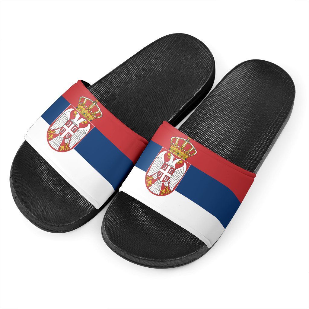 Pair of Serbia flag slide sandals with black textured footbeds and red blue white straps
