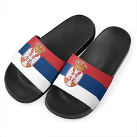 Pair of Serbia flag slide sandals with black textured footbeds and red blue white straps