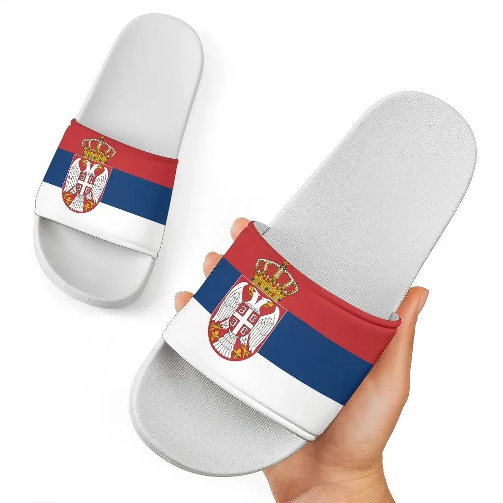 Serbia flag slide sandals with white footbed and red, blue, white strap