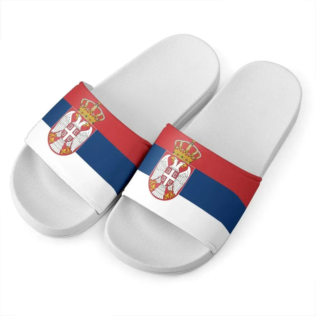 Pair of Serbia flag slide sandals with white textured footbeds and red blue white straps