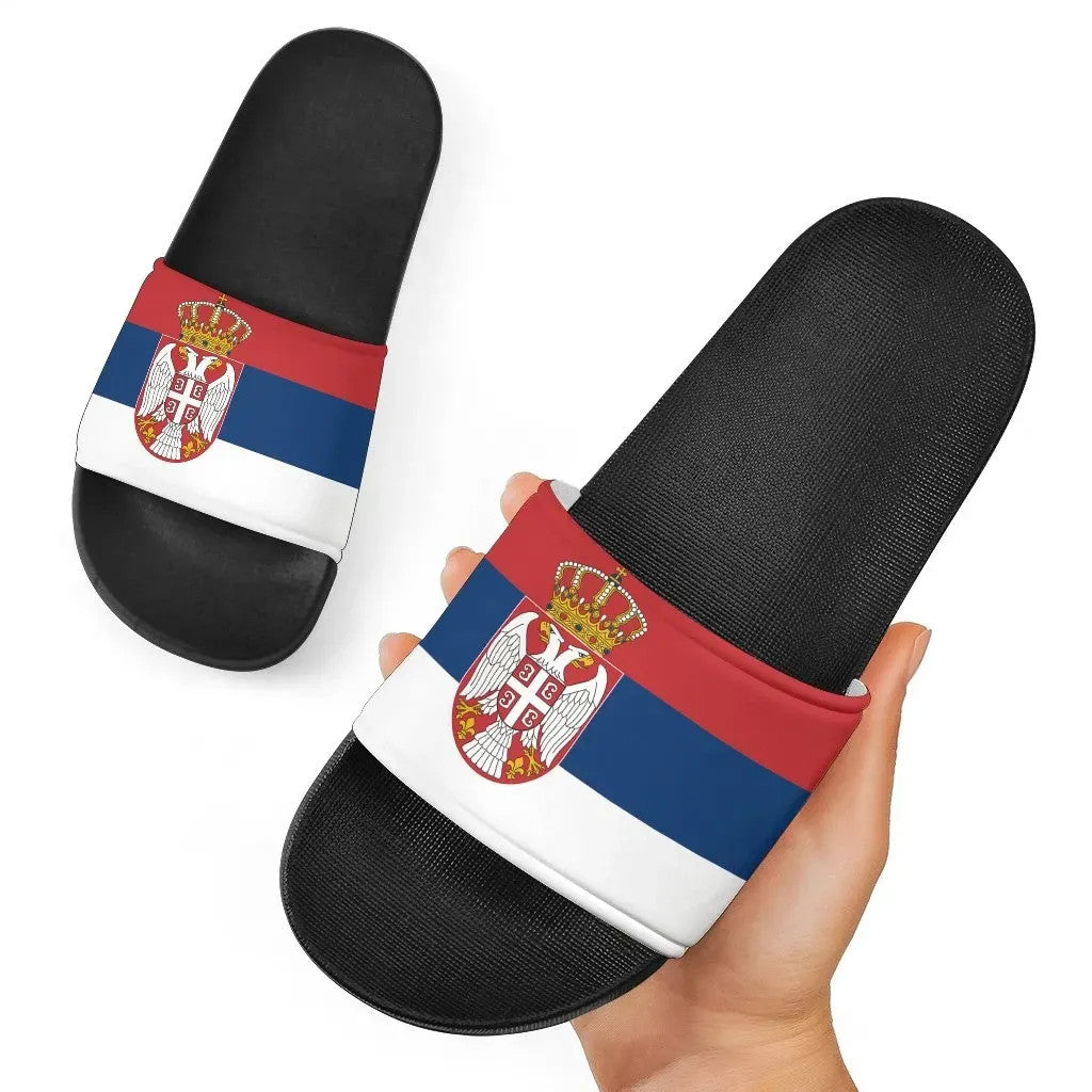 Serbia flag slide sandals with black textured footbed and red, blue, white strap