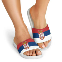 Serbia flag slide sandals worn; white footbed with red blue white strap