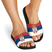 Serbia flag slide sandals worn; black footbed with red blue white strap