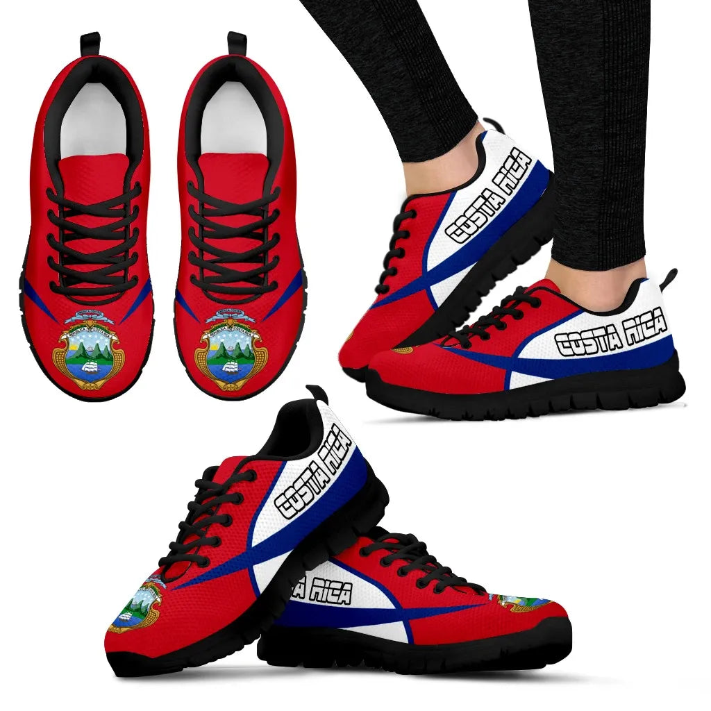 Costa Rica flag sneakers with black sole, red upper, blue diagonal, black laces
