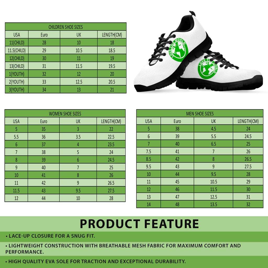 Size chart and features: lace-up fit, breathable mesh, EVA sole for active sneakers