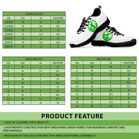 Size chart and features: lace-up fit, breathable mesh, EVA sole for active sneakers