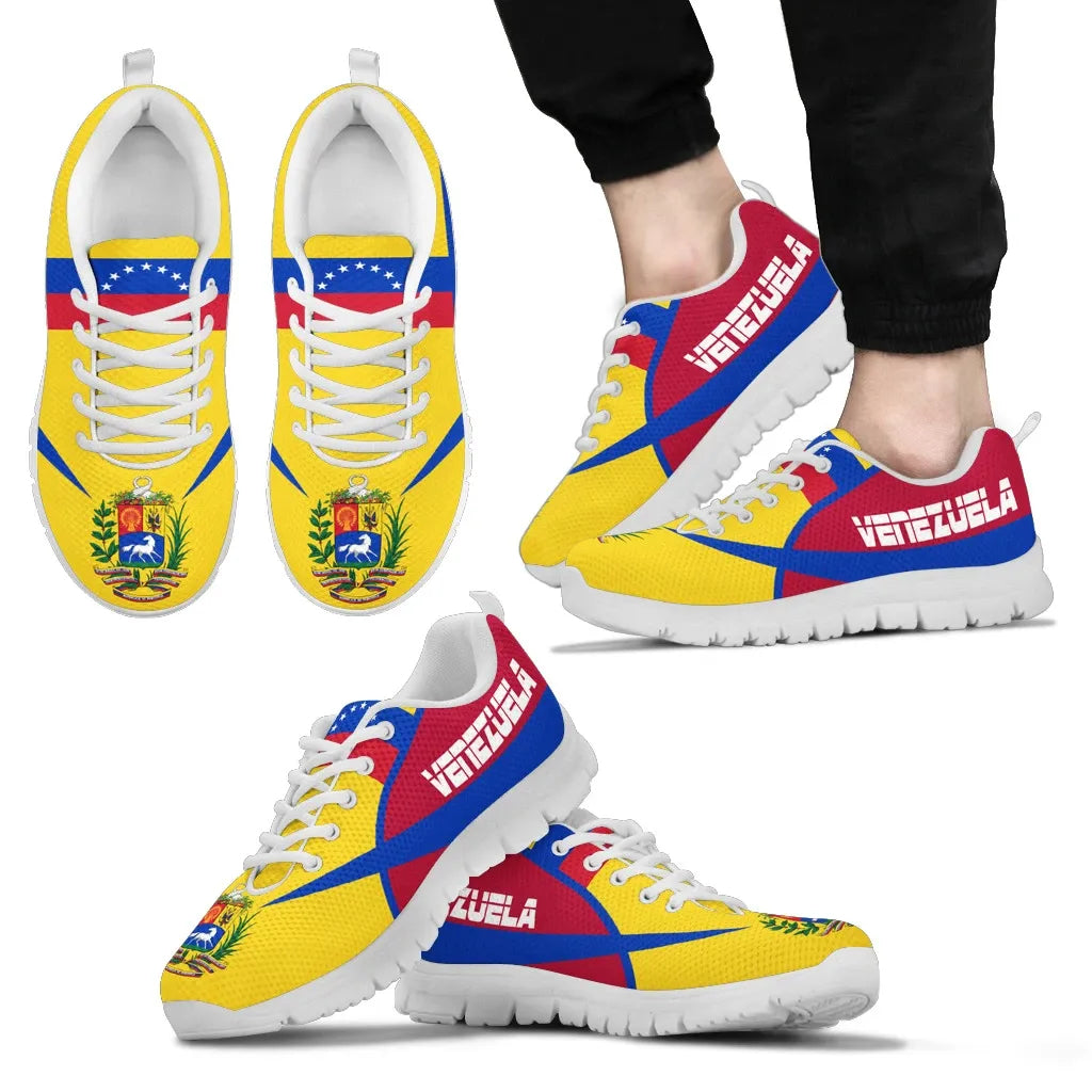 Colorful Venezuela sneakers with white sole, lace-up, front and side views