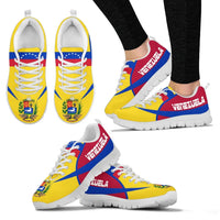 Colorful Venezuela sneakers with white sole, lace-up, front pair and on-foot view