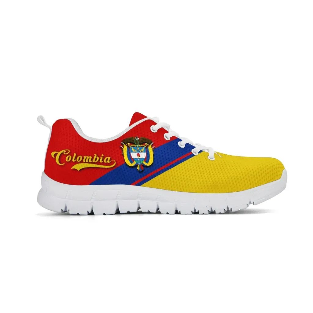 Colombia Rising sneakers, red collar and blue side stripe over yellow upper, white sole