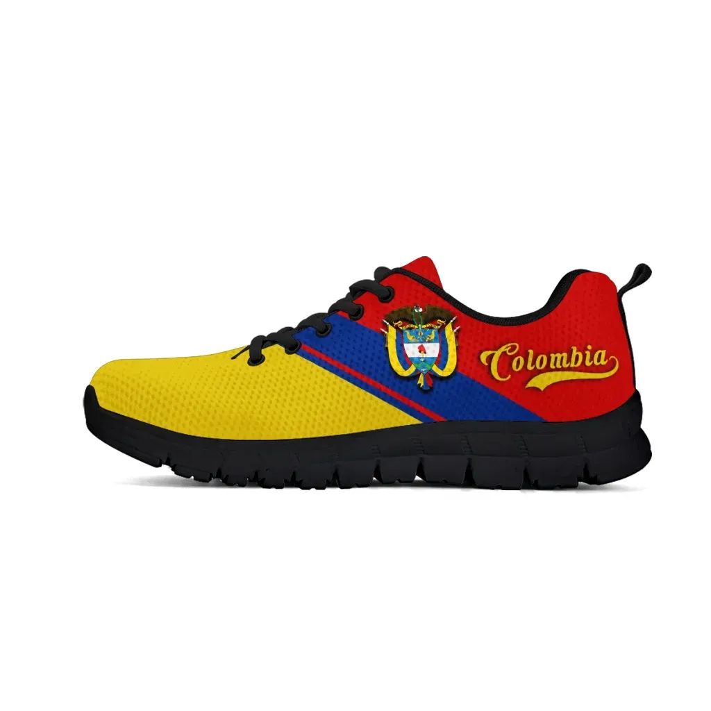 Colombia Rising sneakers with yellow toe, blue side stripe, red heel, black sole