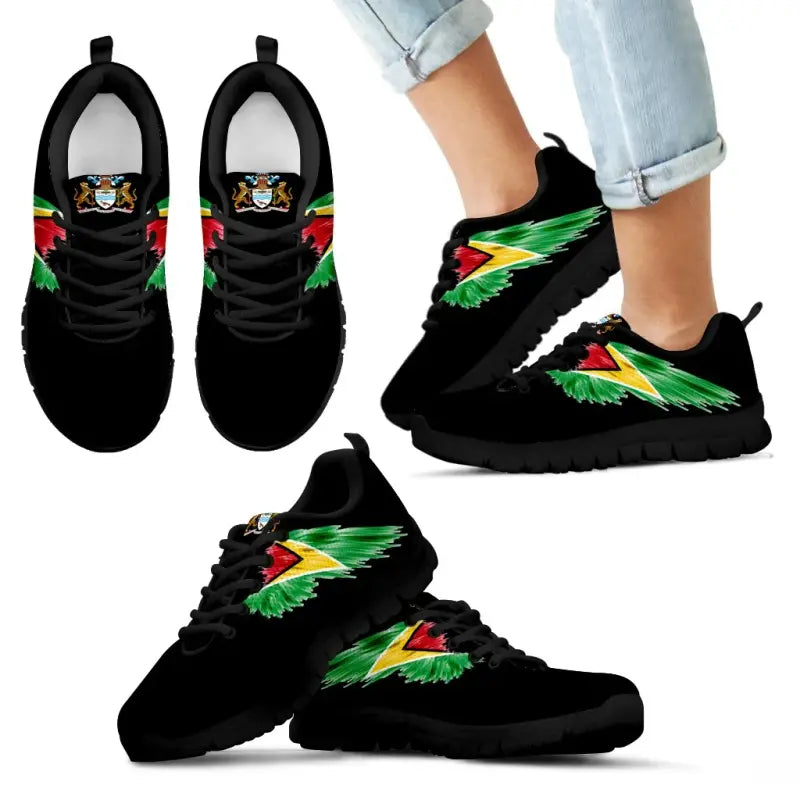 Black sole sneakers with multicolor wing design on side, lace-up low-top shoes