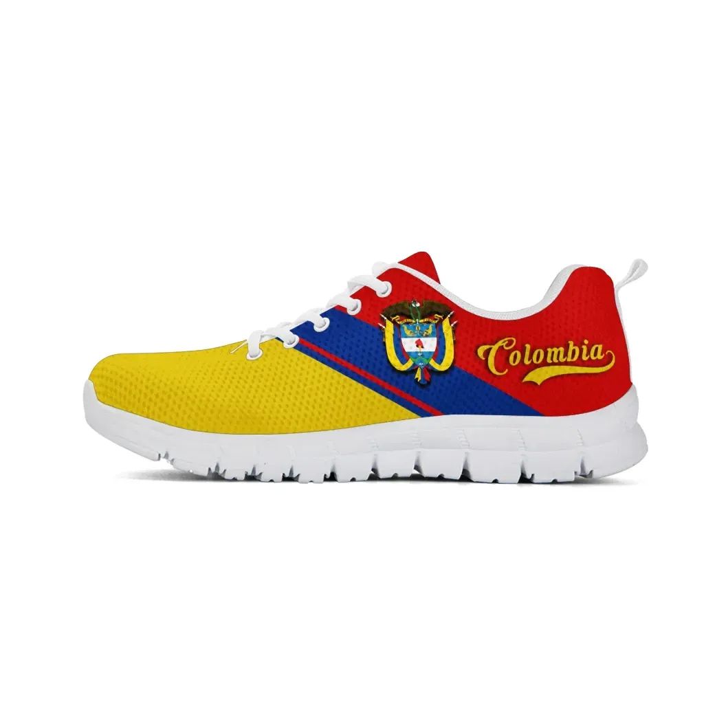Colombia Rising sneakers with yellow toe, blue stripe, red heel, white sole and laces