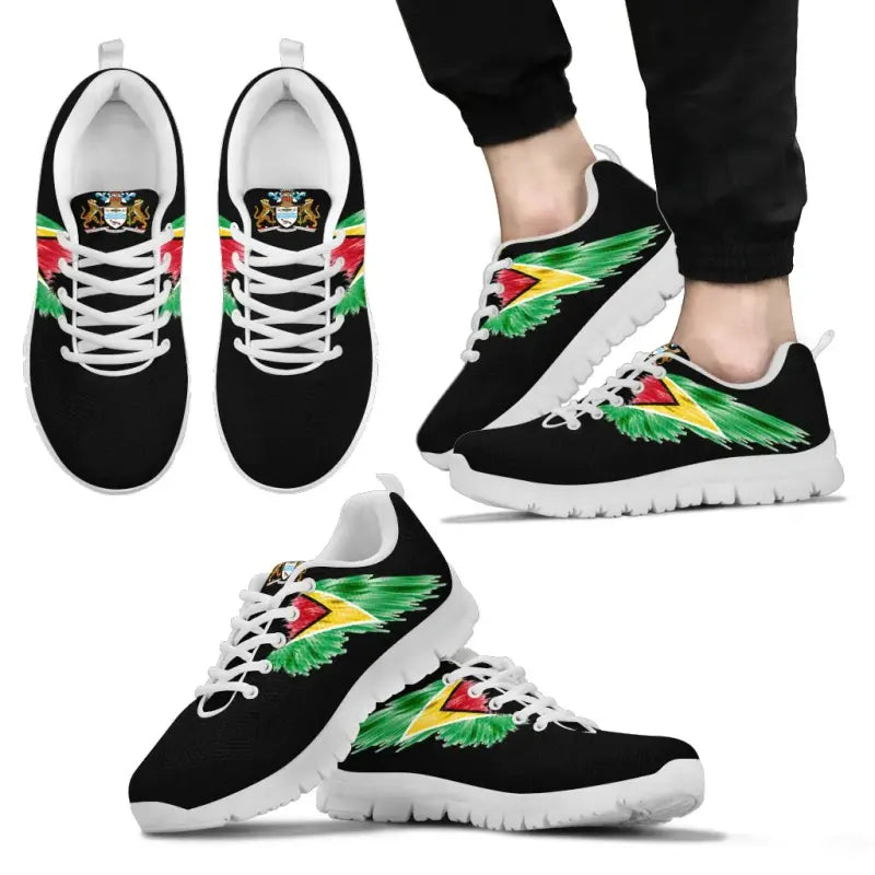 White sole sneakers with multicolor wing design on side, lace-up low-top shoes