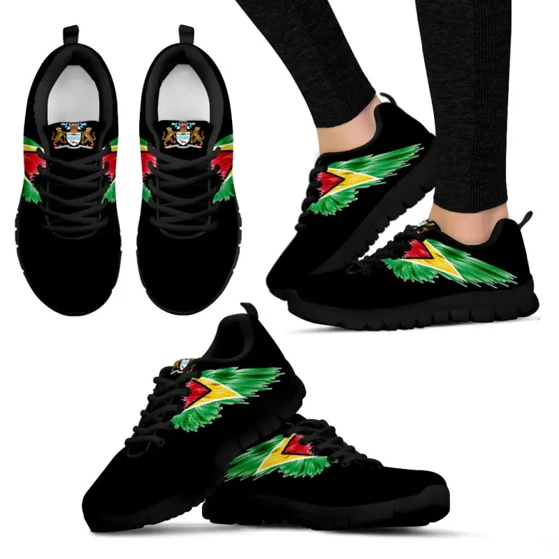 Black sole lace-up sneakers with Guyana crest patch and multicolor wing graphics