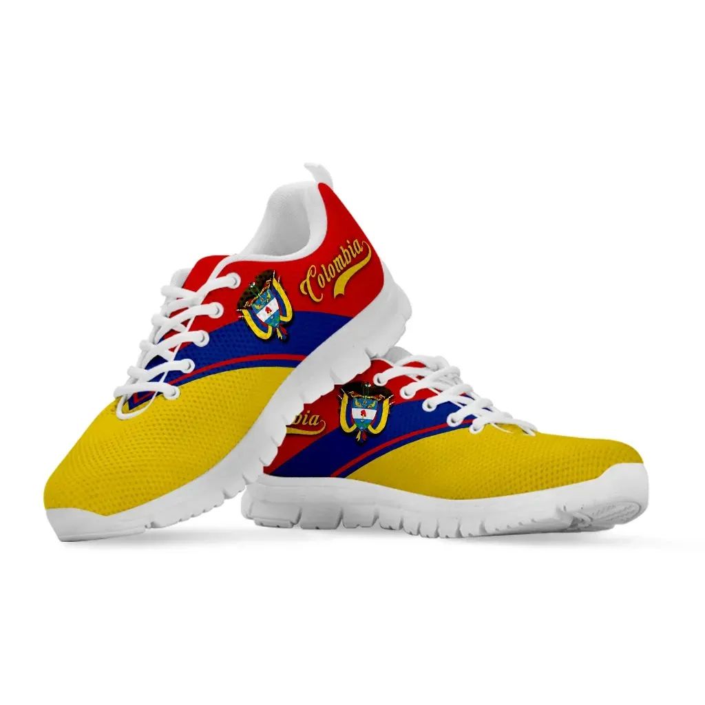 Colombia Rising sneakers pair, red heel logo, blue accent stripe, yellow uppers, white sole