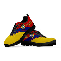 Colombia Rising sneakers pair, red heel logo, blue accent stripe, yellow uppers, black sole